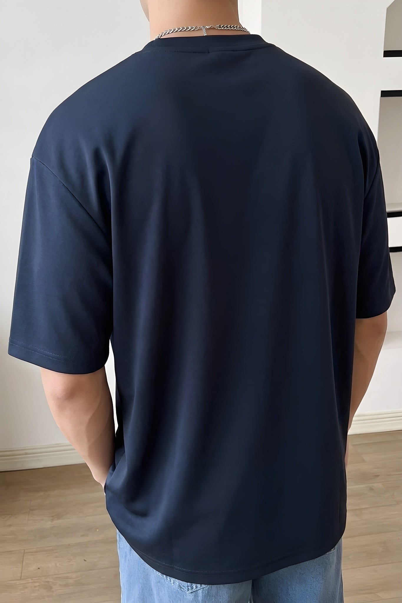 Erkek Lacivert Bisiklet Yaka Düz Basic Baskısız Oversize Salas T-Shirt
