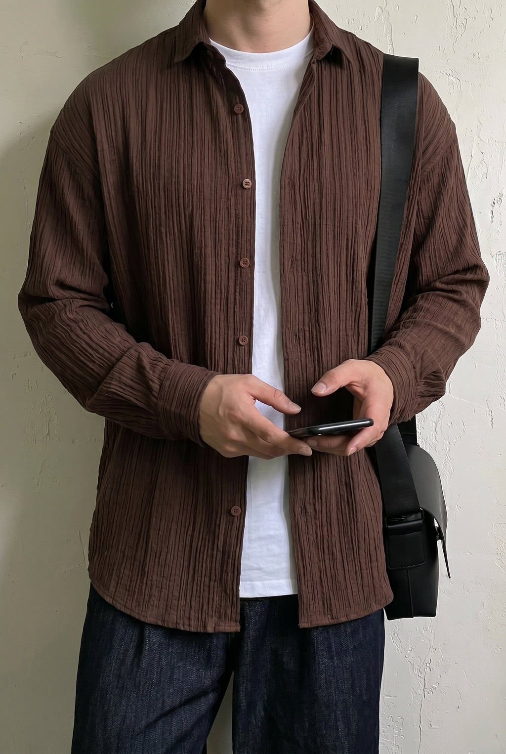 Tokyo Kahverengi Renkli Dokulu Kumaş Overize Rahat Kalıp Gömlek