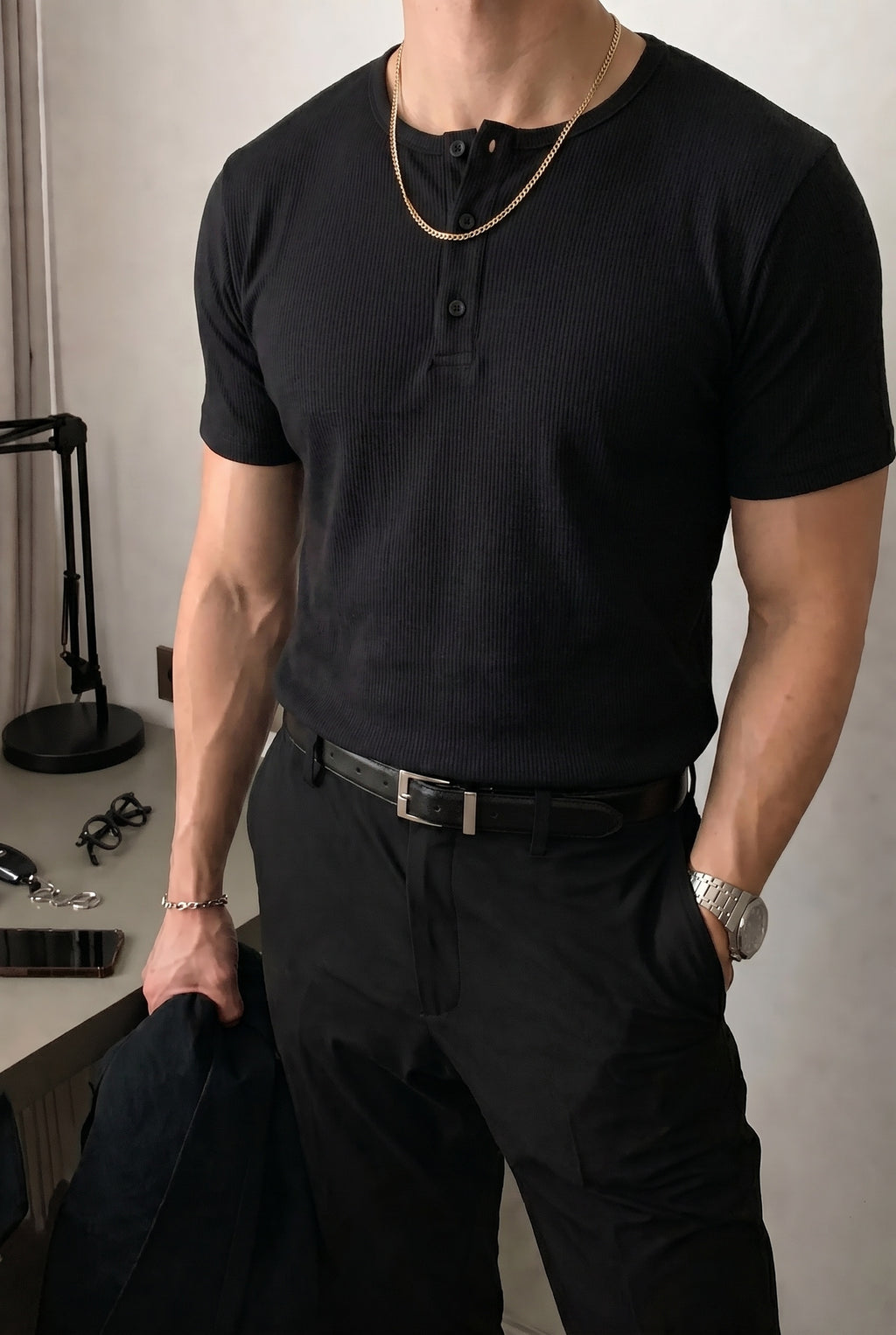 Erkek Siyah Henley Yaka Tişört Üç Düğmeli Patlı Fitilli Regular T-shirt
