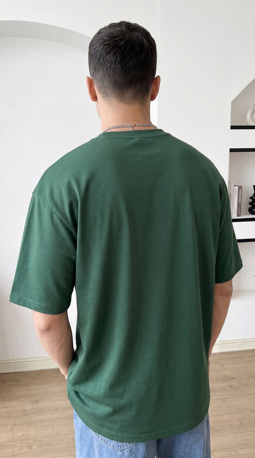 Erkek Nefti Yeşil Geyik Baskılı Oversize Fit Bol Geniş Kalıp Salaş Kesim T-shirt