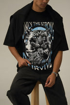 Erkek Siyah Survive Oversize Fit Bol Geniş Kalıp Salaş Kesim T-shirt