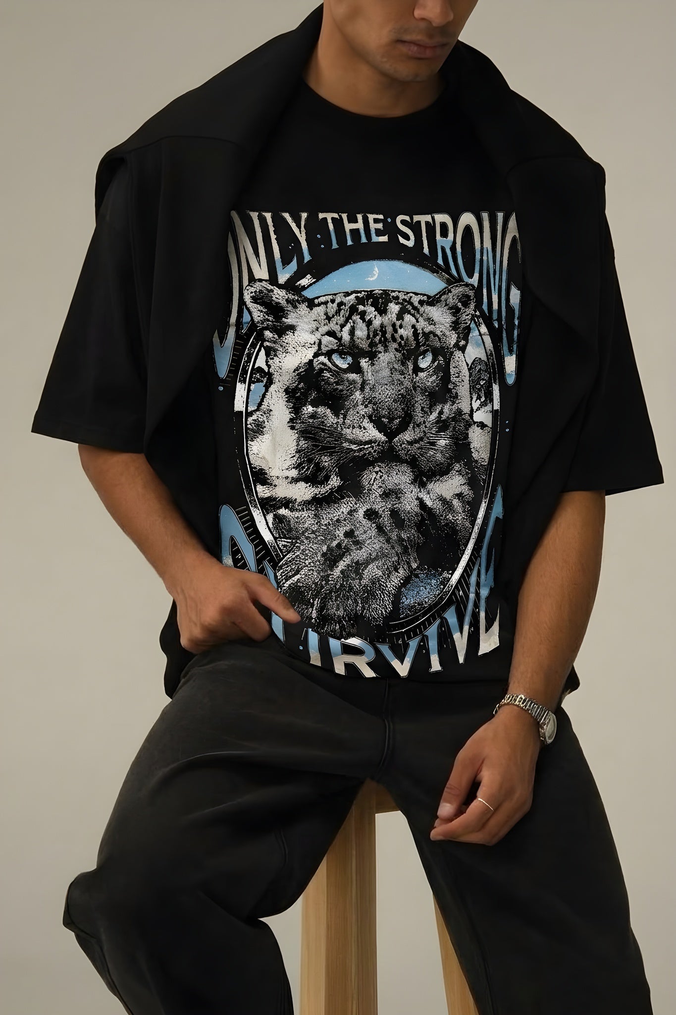 Erkek Siyah Survive Oversize Fit Bol Geniş Kalıp Salaş Kesim T-shirt