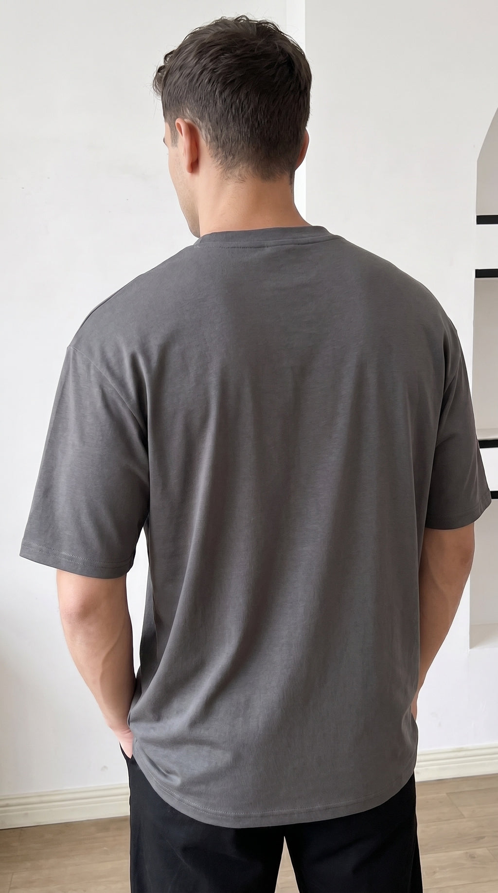 Erkek Gri Free Life Bisiklet Yaka Oversize Salas T-Shirt