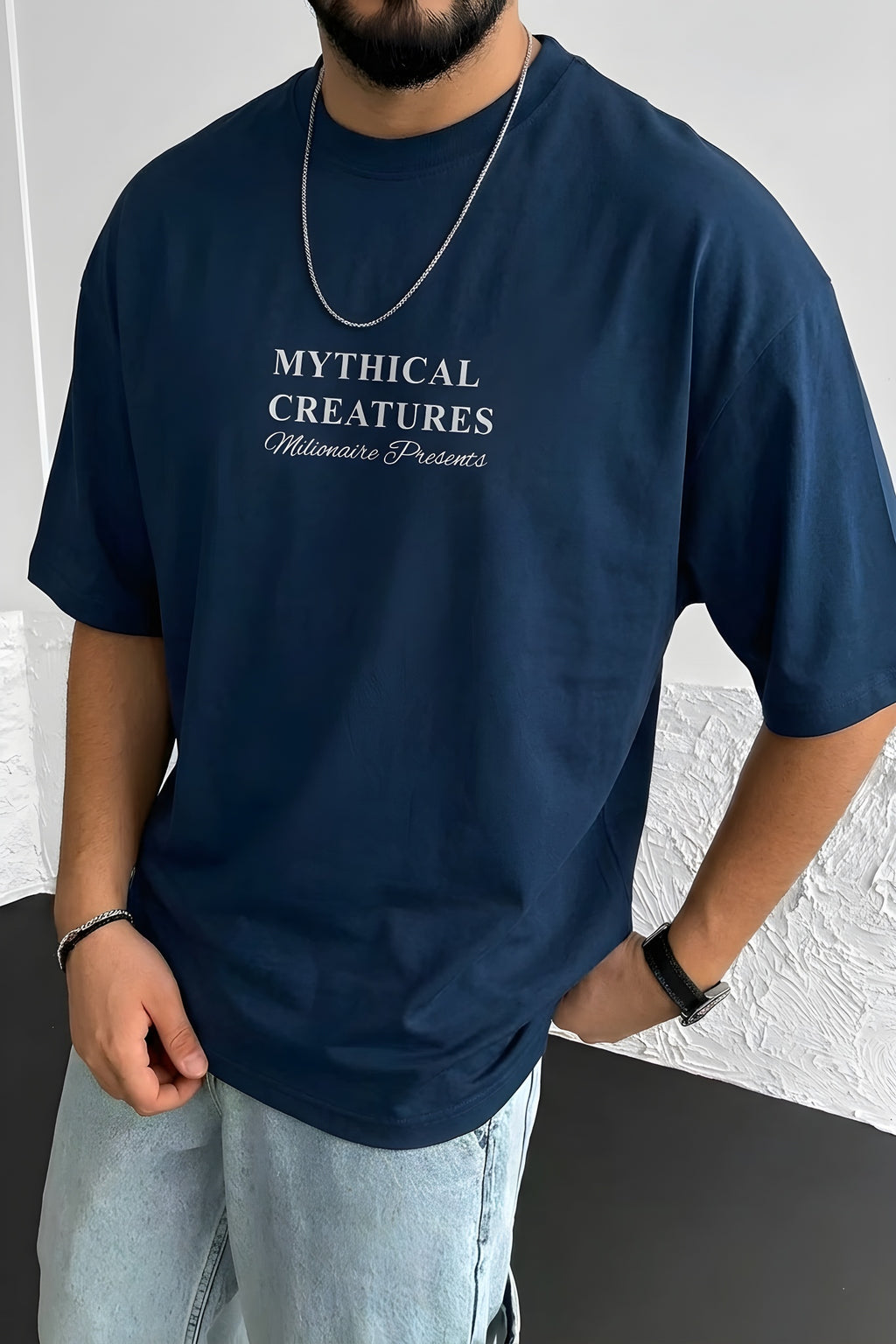 Erkek Mythical Pegasus Baskılı Lacivert Bisiklet Yaka Oversize Salaş T-Shirt