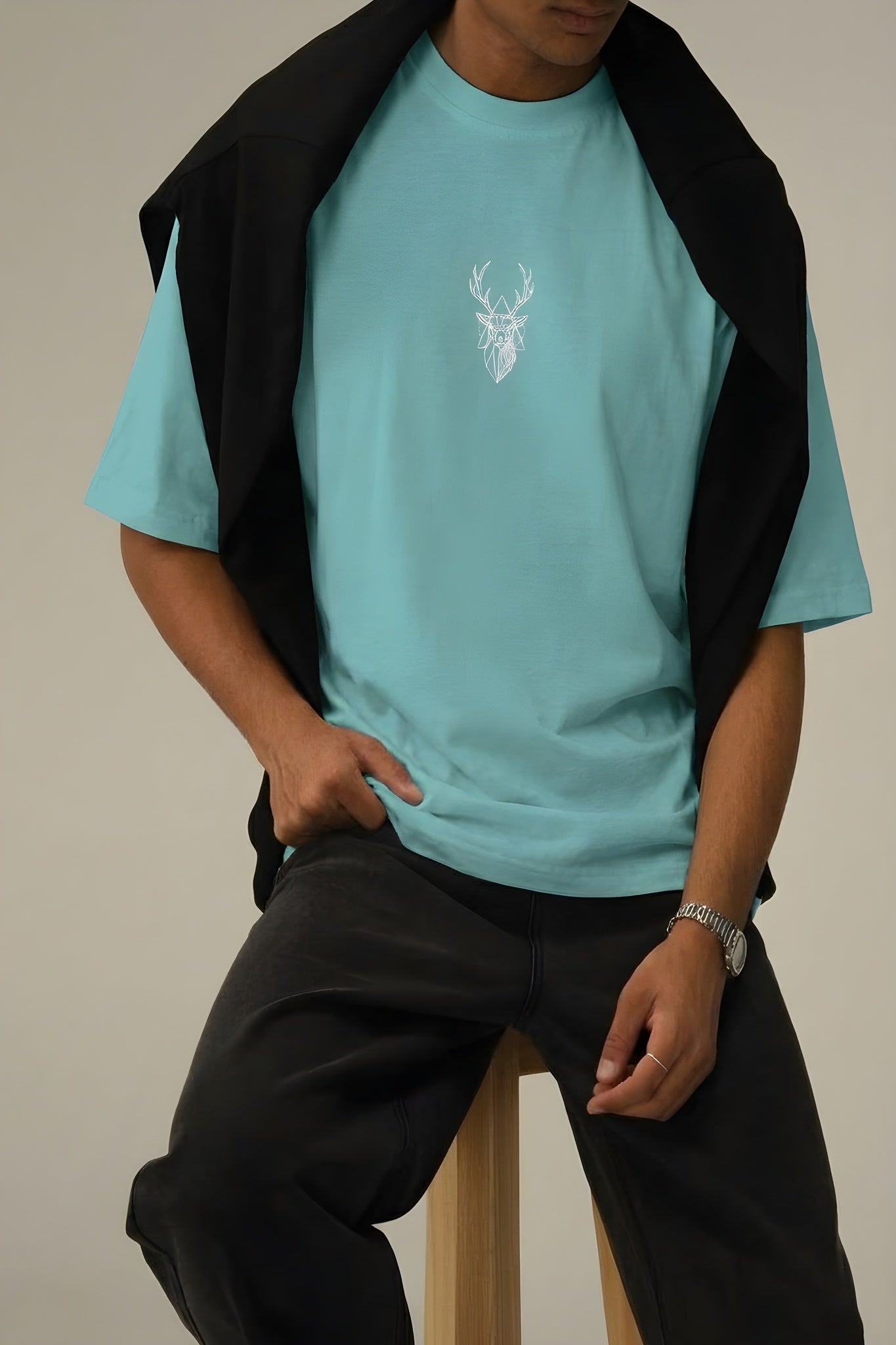 Erkek Turkuaz Geyik Baskılı Oversize Fit Bol Geniş Kalıp Salaş Kesim T-shirt