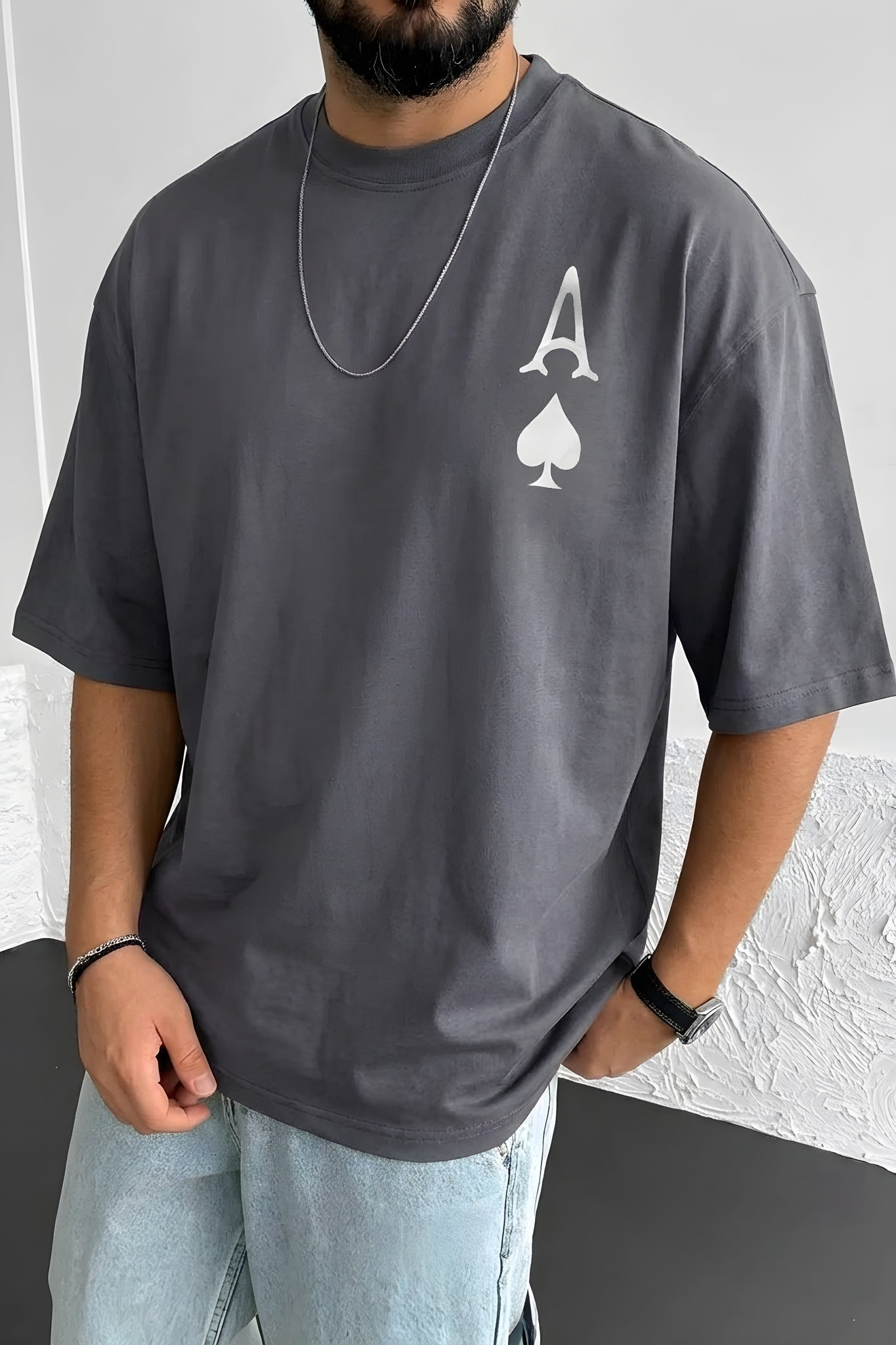 Erkek Maça As Baskılı Füme Oversize T-Shirt