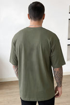 Erkek Haki Yeşili Bisiklet Yaka Düz Basic Baskısız Oversize Salas T-Shirt