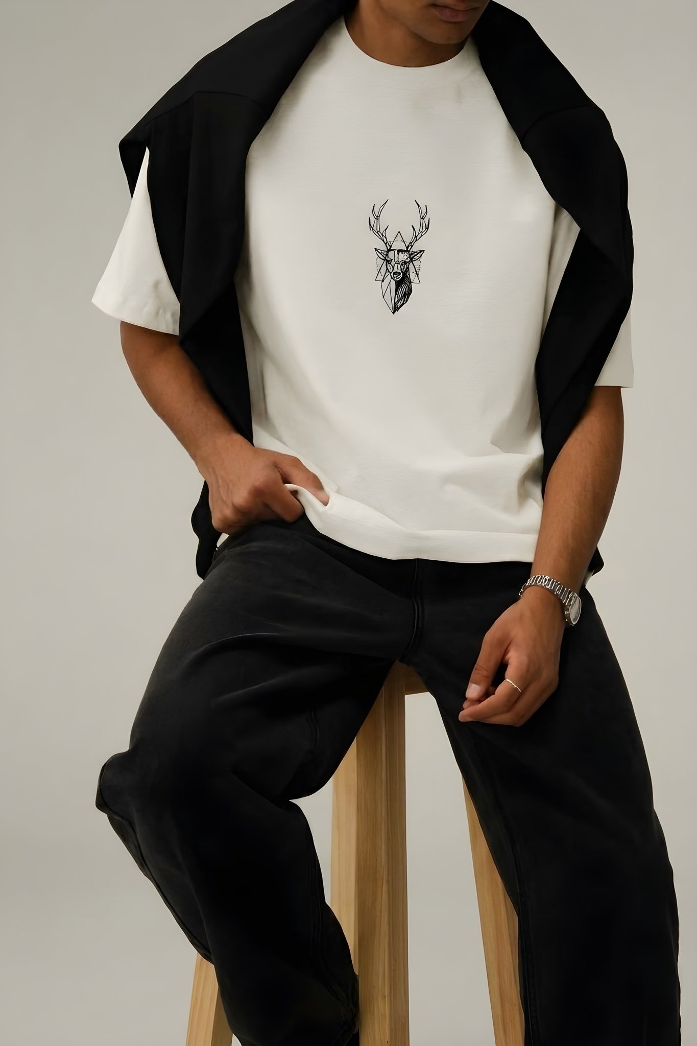 Erkek Taş Geyik Baskılı Oversize Fit Bol Geniş Kalıp Salaş Kesim T-shirt