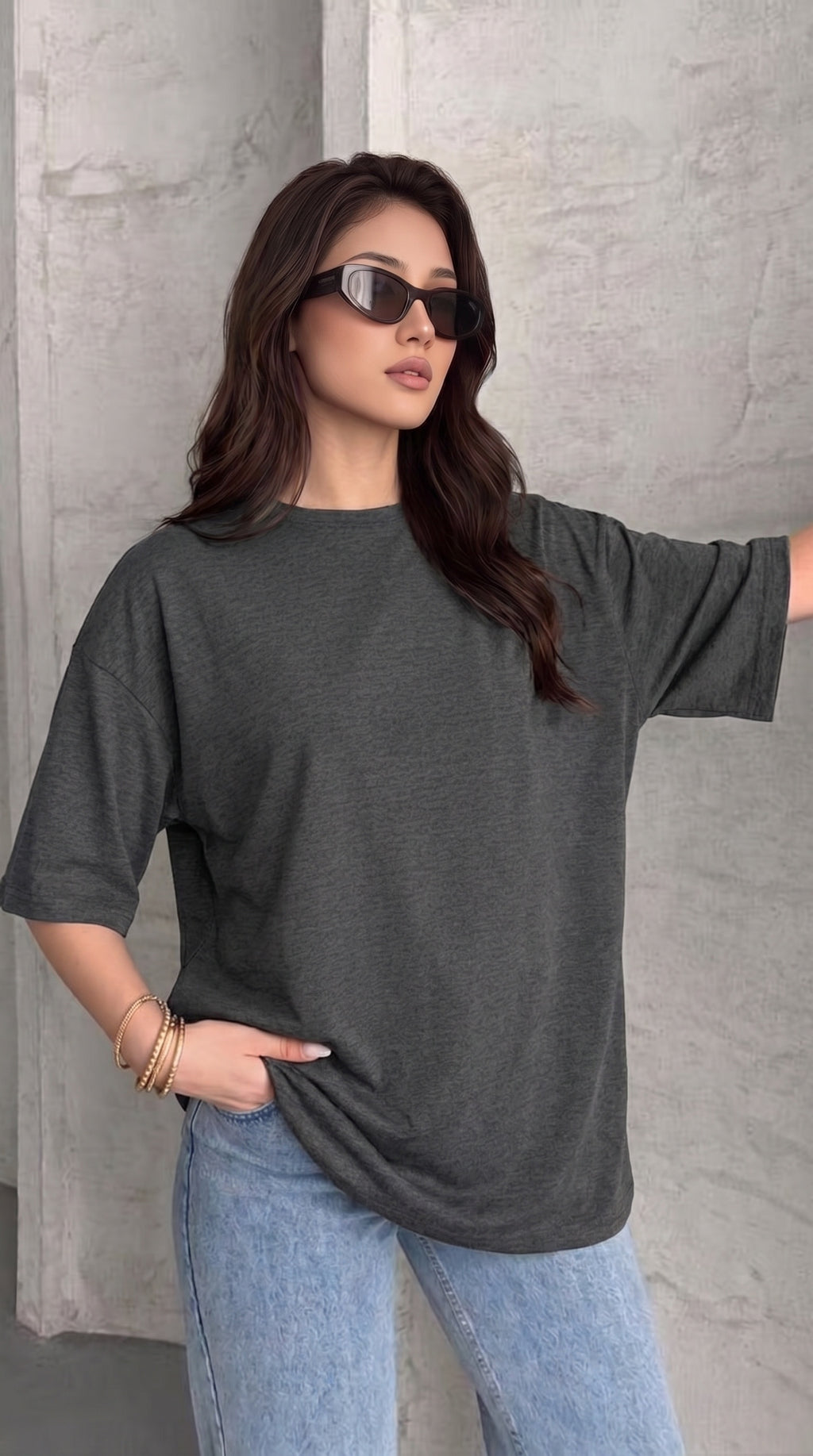 Kadın Antrasit Melanj Basic Düz Baskısız Oversize Salas T-shirt