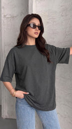 Kadın Antrasit Melanj Basic Düz Baskısız Oversize Salas T-shirt