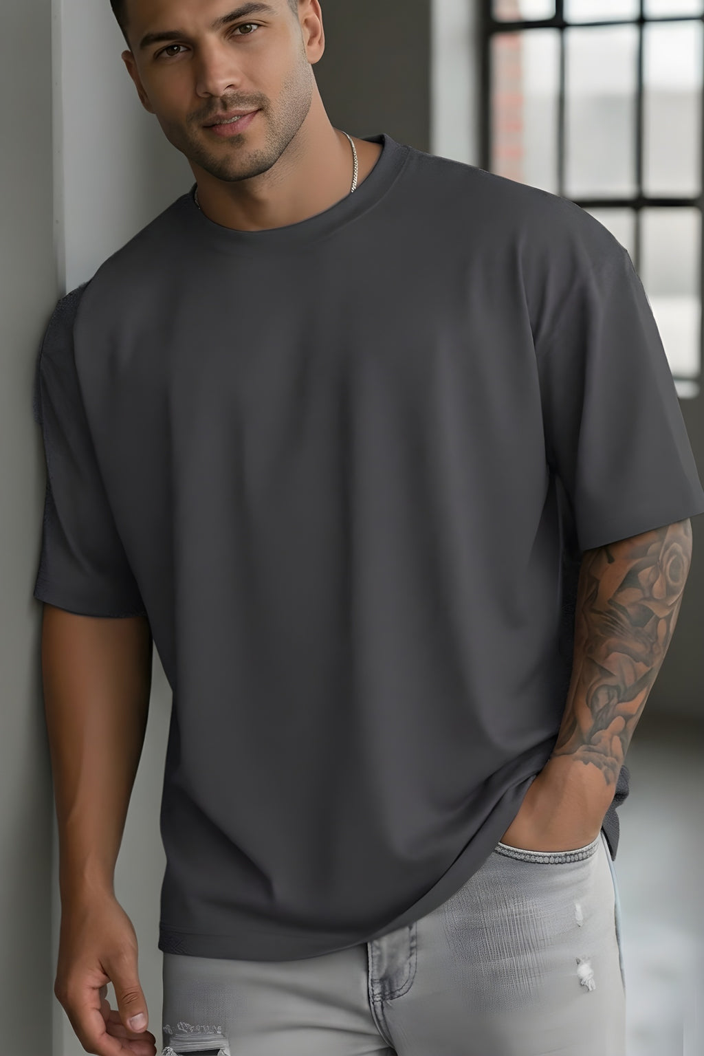 Erkek Füme Bisiklet Yaka Düz Basic Baskısız Oversize Salas T-Shirt