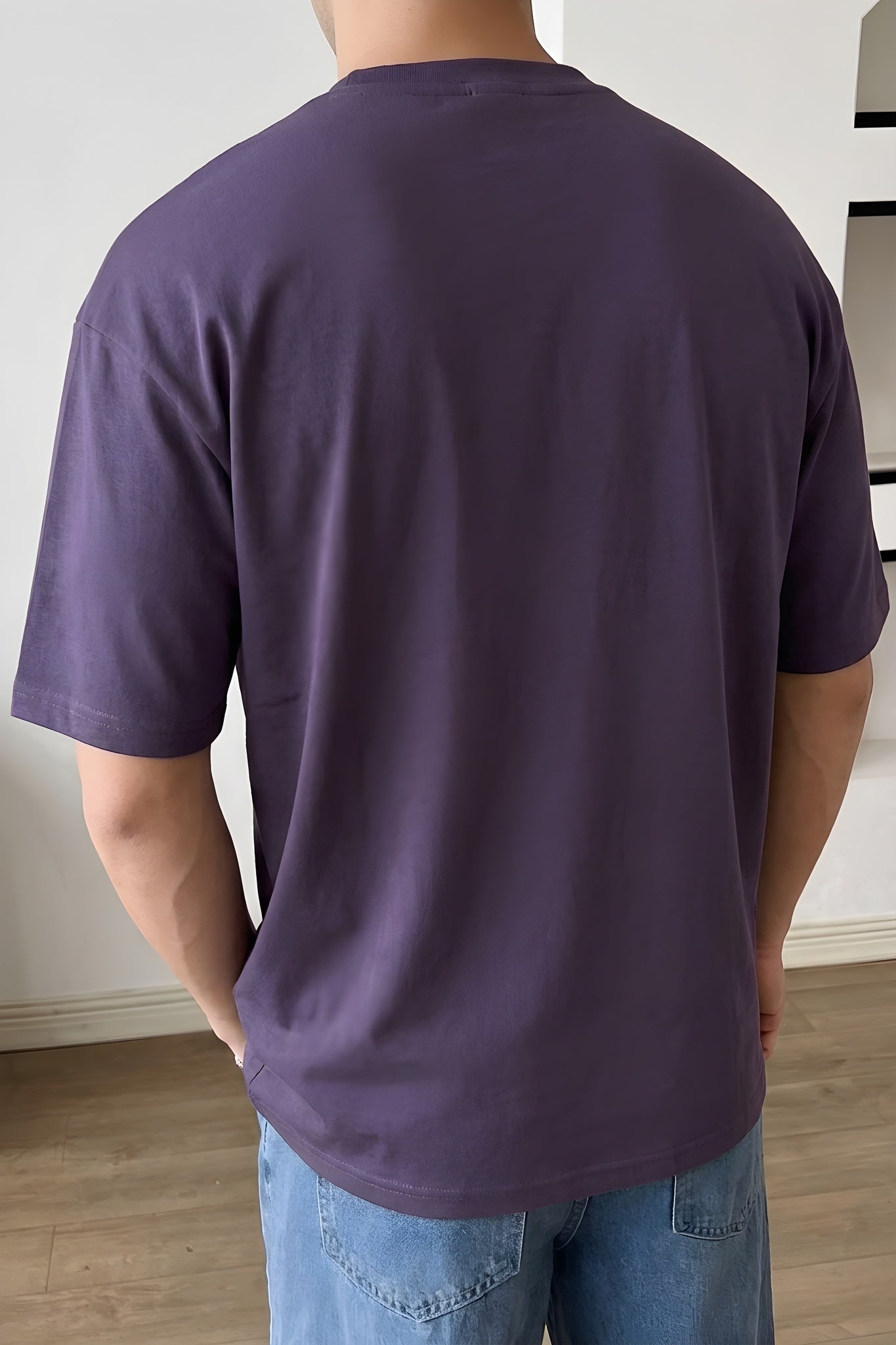 Erkek Mor Basic Düz Baskısız Oversize Salas Boyfriend T-Shirt