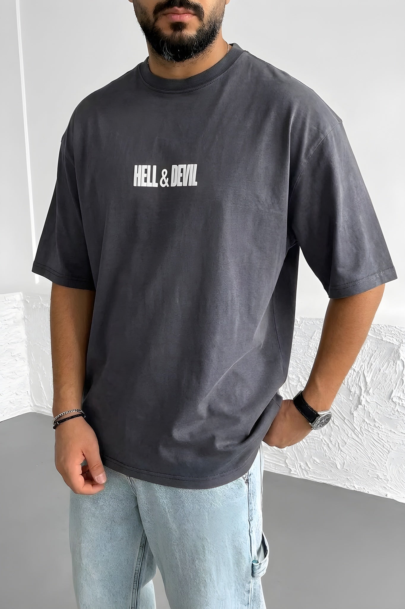 Erkek Hell & Devil Kabaran Baskı Füme Bisiklet Yaka Oversize Salas T-Shirt