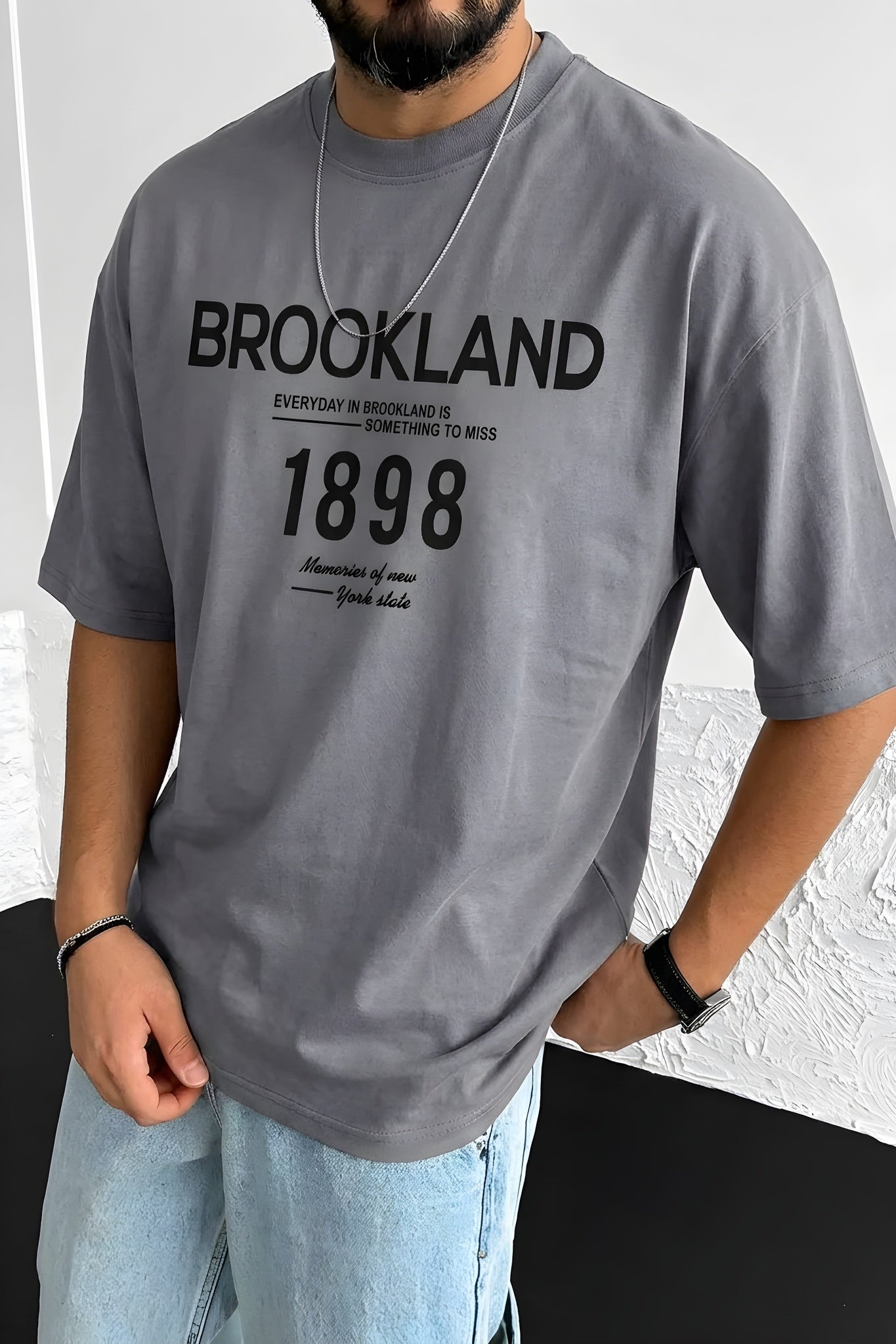 Erkek Gri 1898 Brookland Baskılı Oversize Salas T-Shirt