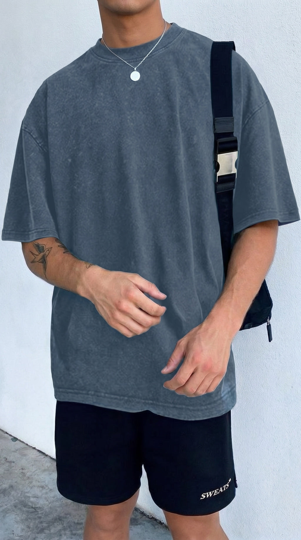 Erkek Mavi Oversize Asit Yıkamalı Eskitme Efektli Boyalı T-Shirt