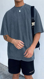 Erkek Mavi Oversize Asit Yıkamalı Eskitme Efektli Boyalı T-Shirt