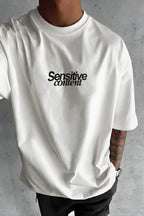Erkek Ekru Beyaz Göz Baskılı Sensitive Oversize Fit Bol Geniş Kalıp Salaş Kesim T-shirt