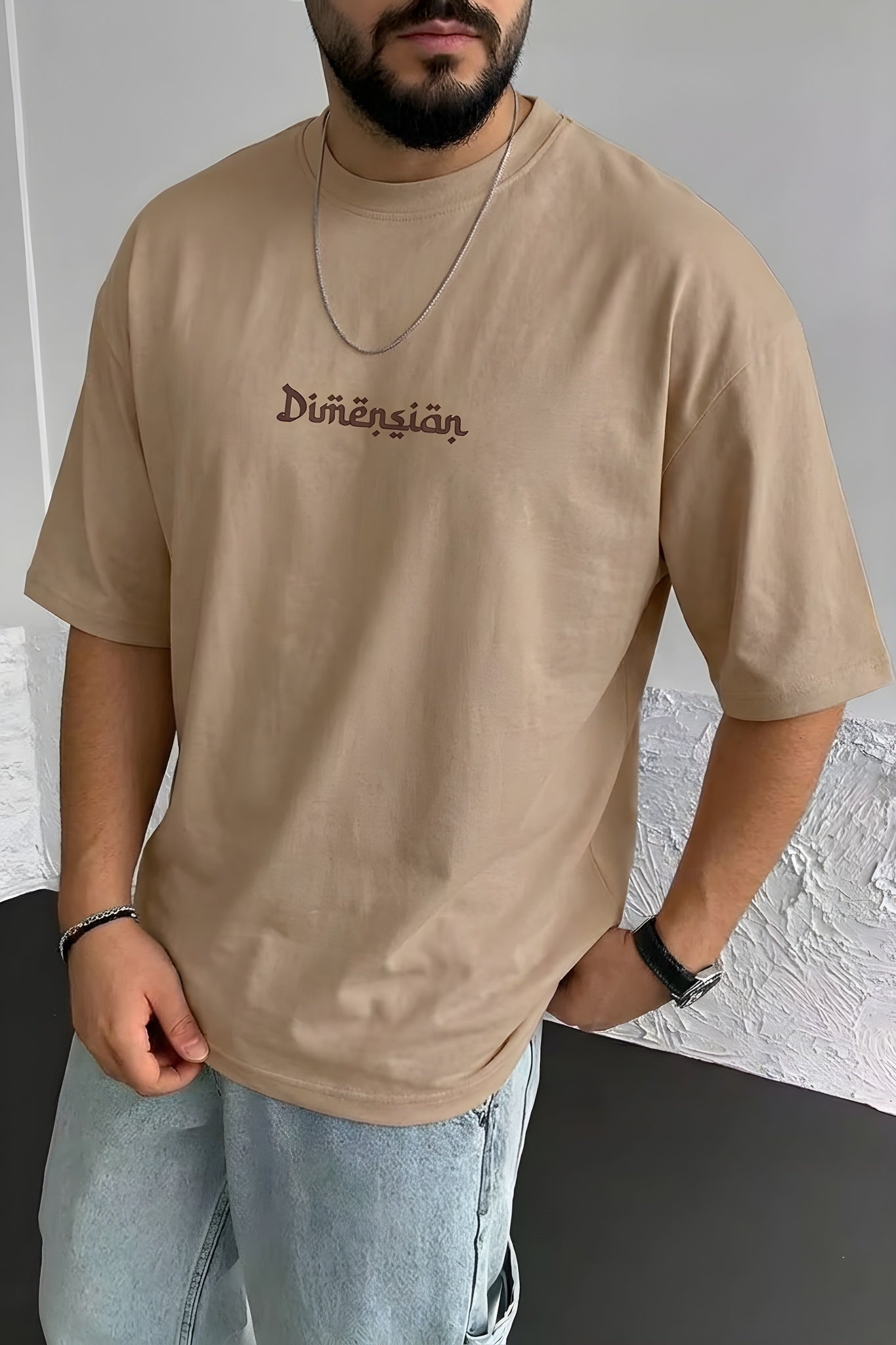 Erkek Dimension Baskılı Camel Bisiklet Yaka Oversize Salaş T-Shirt