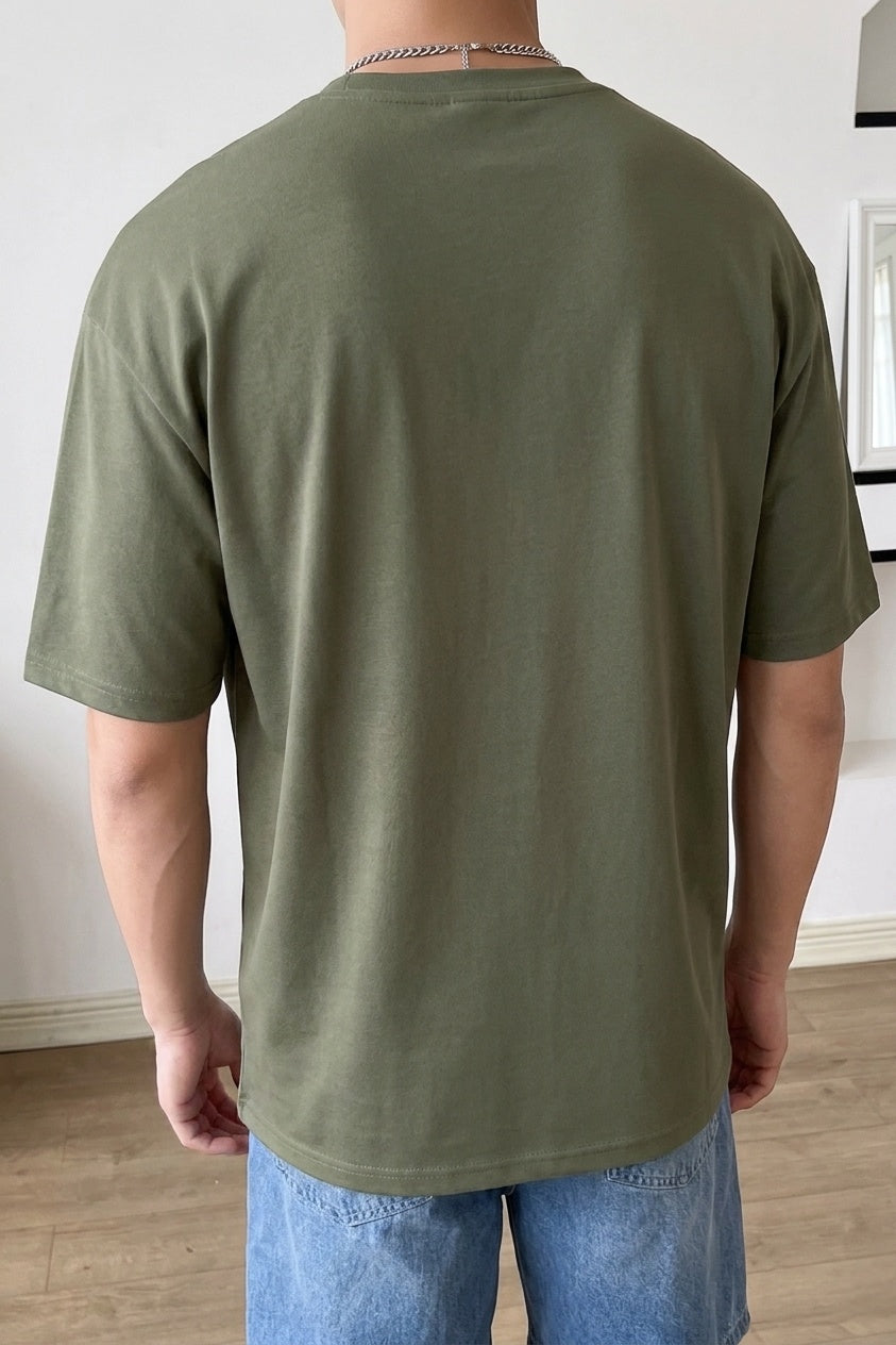 Erkek Haki Geyik Baskılı Oversize Fit Bol Geniş Kalıp Salaş Kesim T-shirt