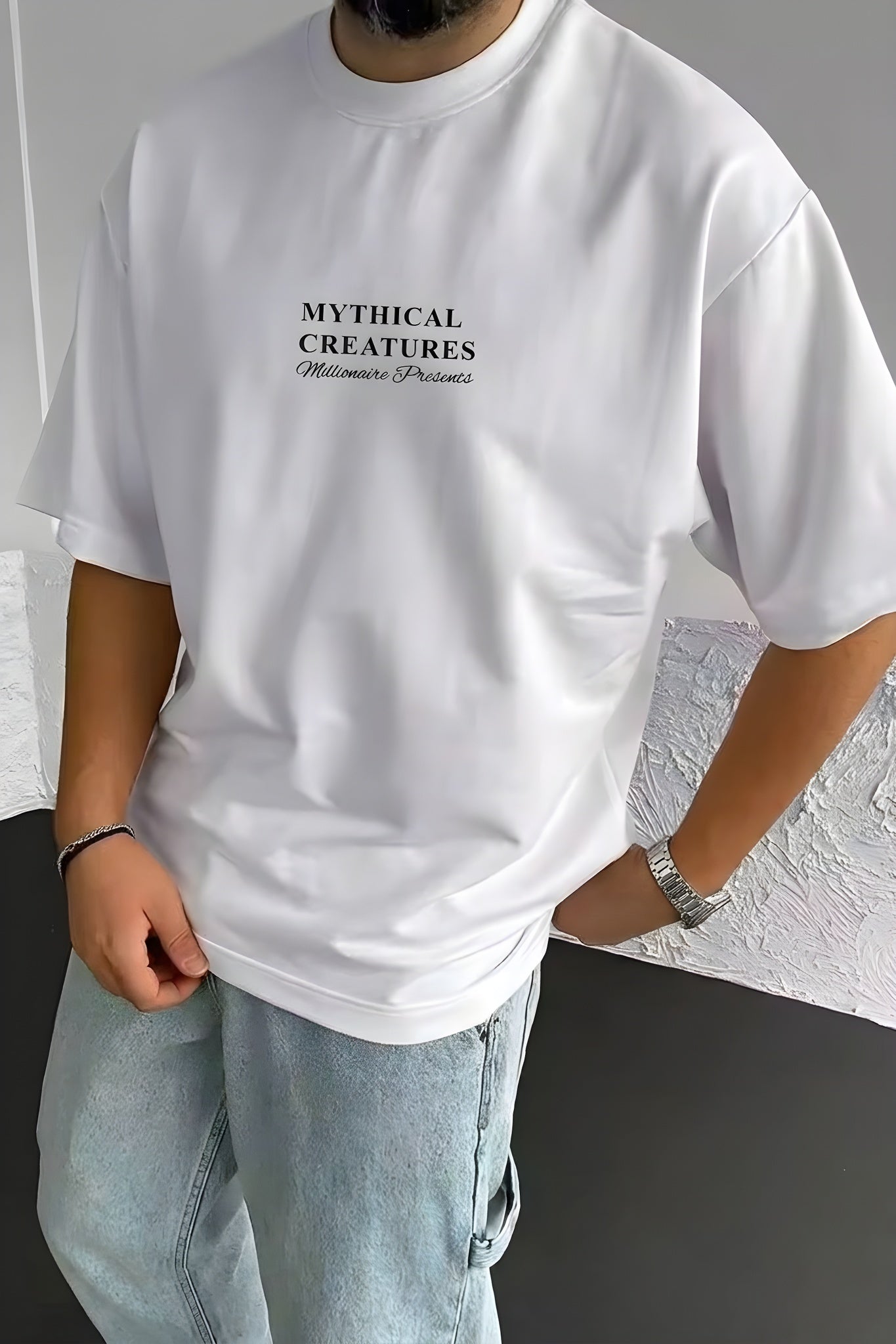 Erkek Mythical Pegasus Baskılı Beyaz Bisiklet Yaka Oversize Salaş T-Shirt