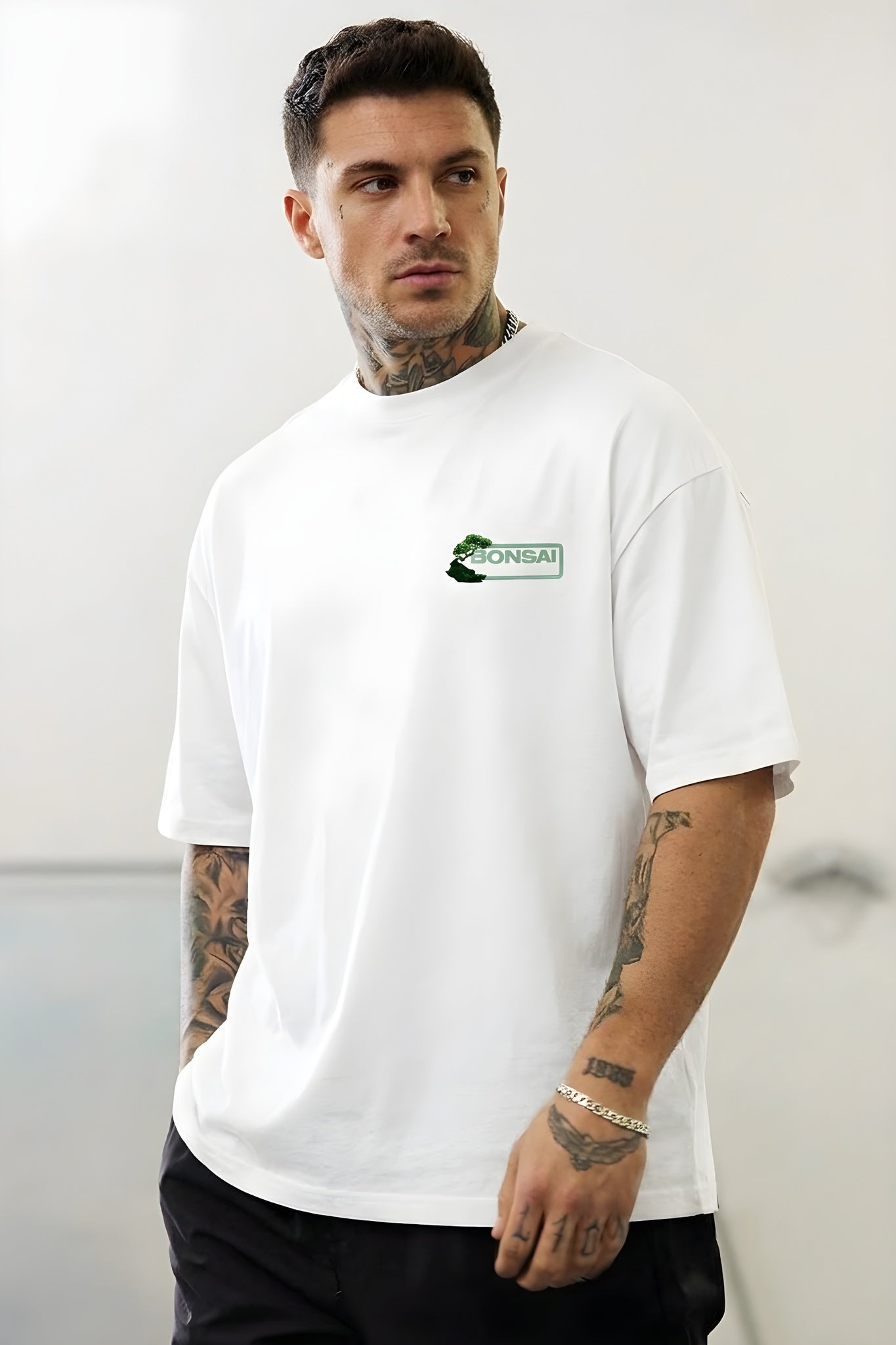 Erkek Ekru Beyaz Bonsai Oversize Fit Bol Geniş Kalıp Salaş Kesim T-shirt