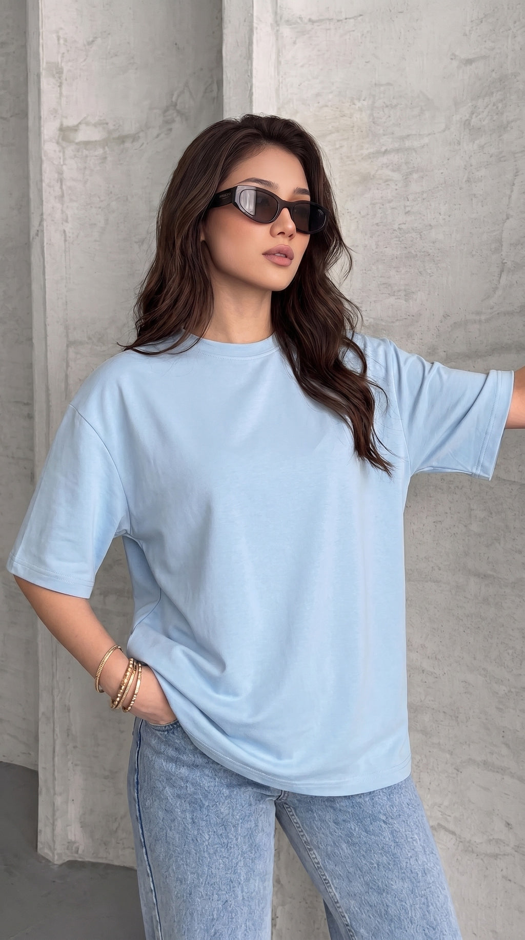 Kadın Açık Mavi Basic Düz Baskısız Oversize Salas T-shirt