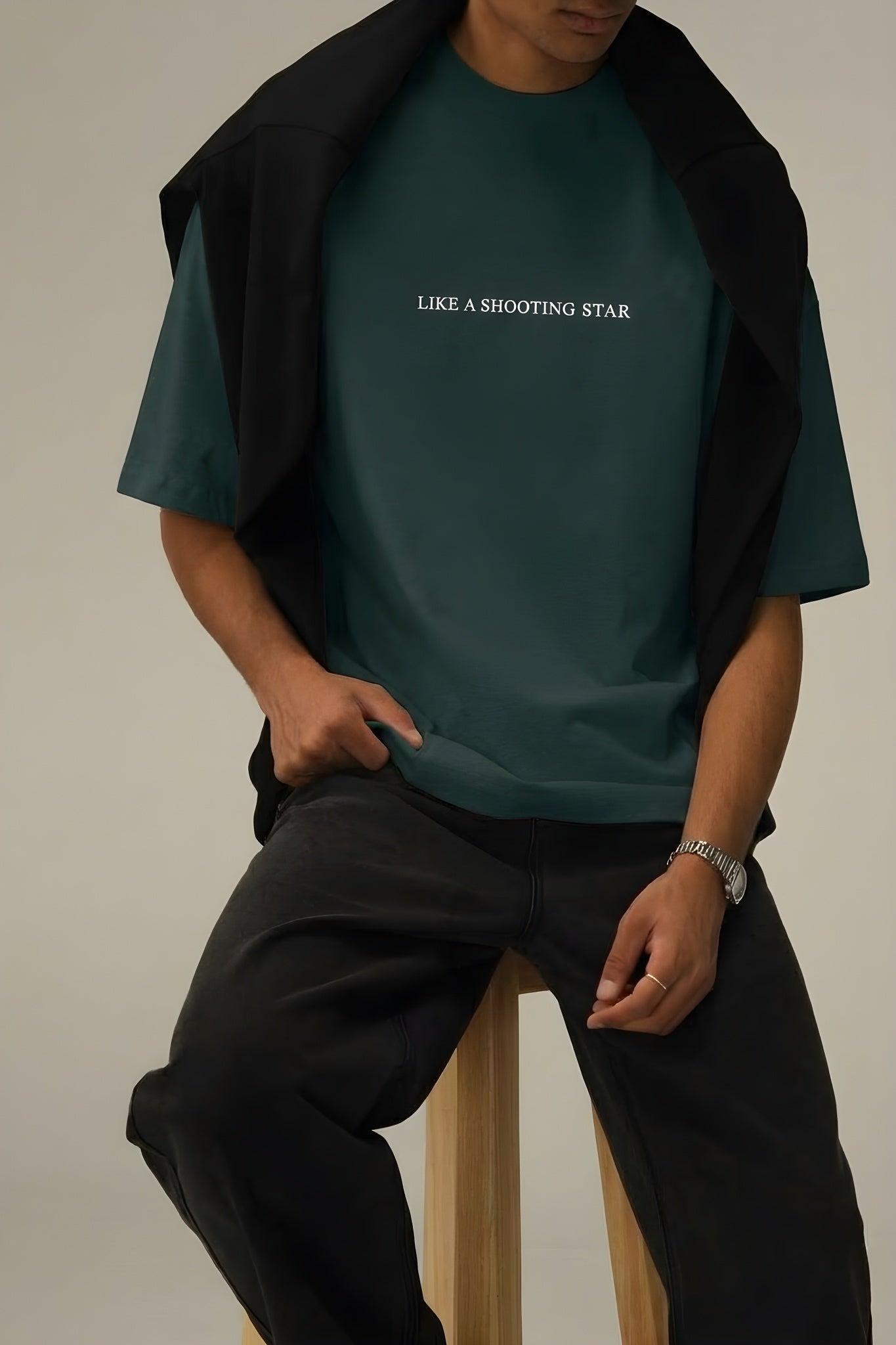 Erkek Dragon Baskılı Petrol Yeşili Bisiklet Yaka Oversize Salaş T-Shirt