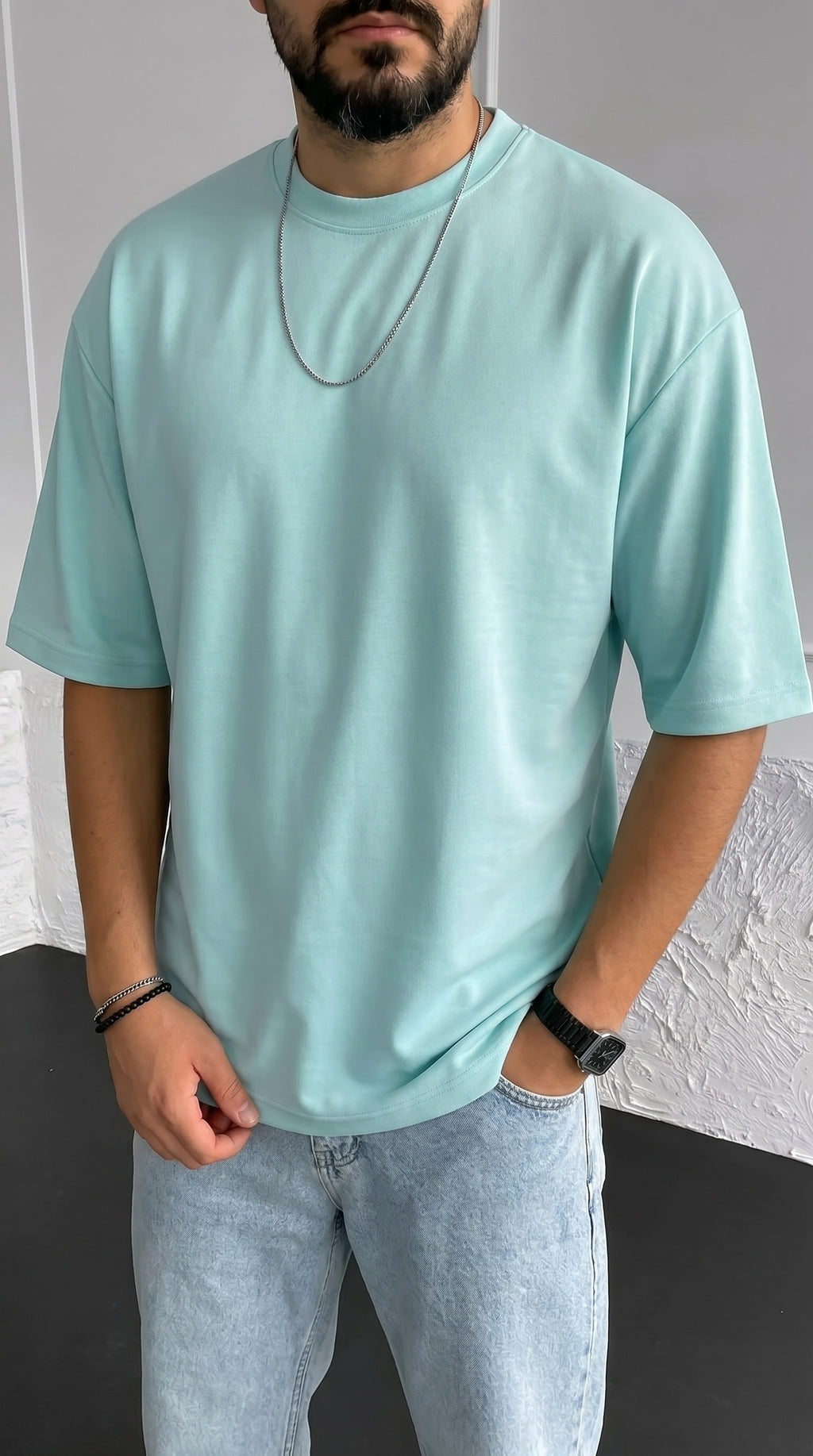 Erkek Turkuaz Basic Düz Baskısız Oversize Salas T-Shirt