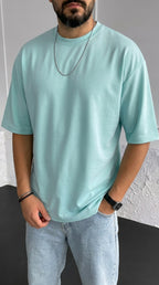 Erkek Turkuaz Basic Düz Baskısız Oversize Salas T-Shirt