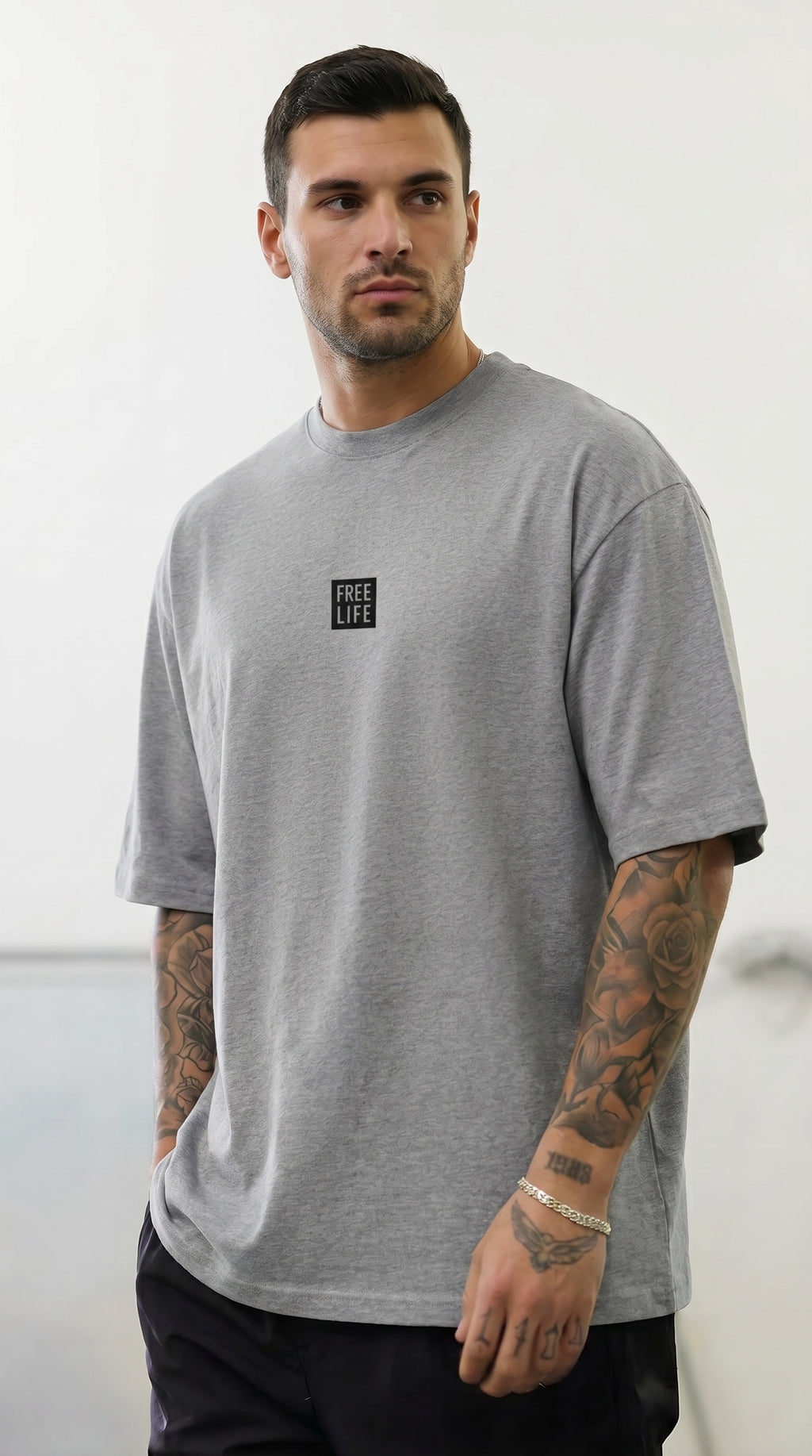 Erkek Melanj Gri Free Life Bisiklet Yaka Oversize Salas T-Shirt