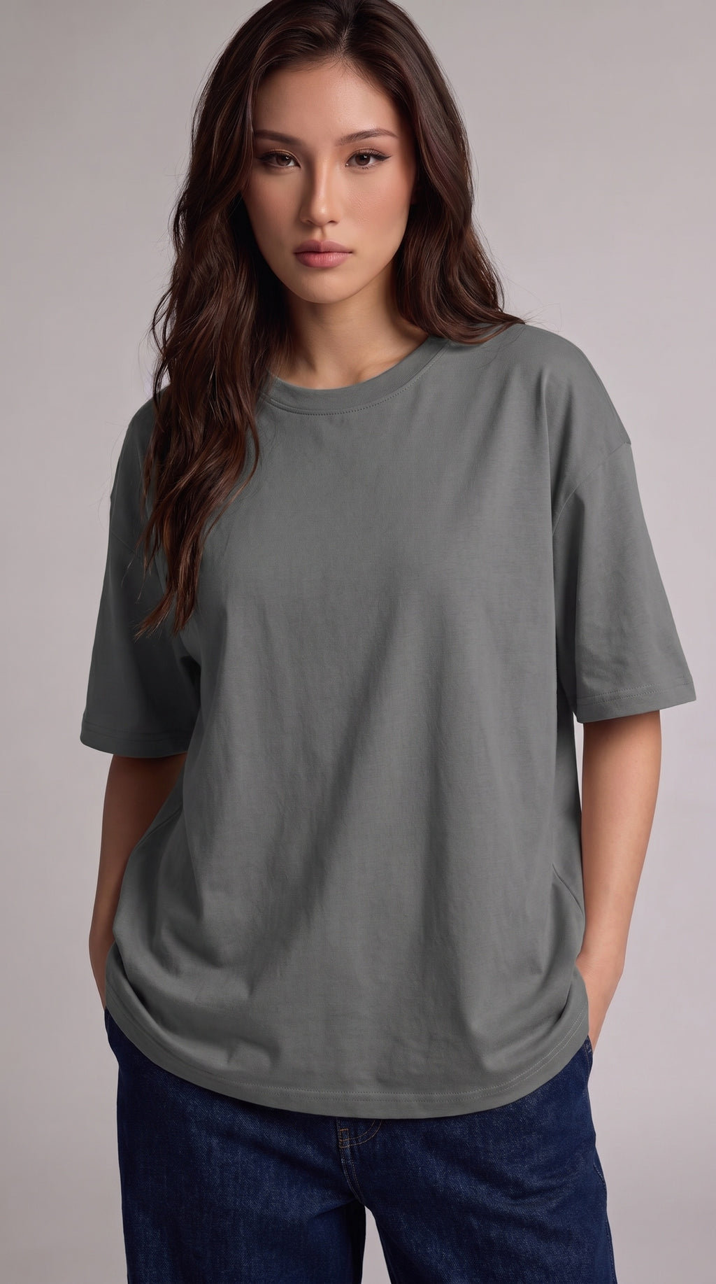 Kadın Gri Basic Düz Baskısız Oversize Salas T-shirt