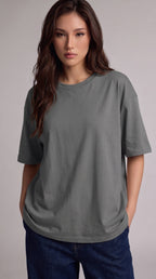 Kadın Gri Basic Düz Baskısız Oversize Salas T-shirt