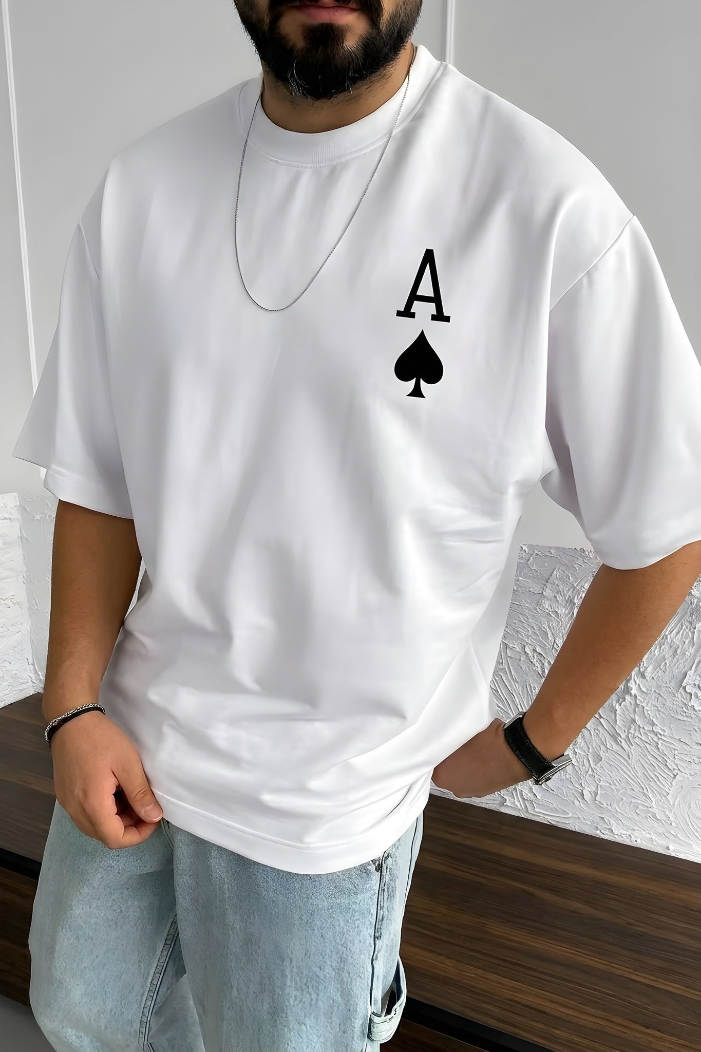 Erkek Maça As Baskılı Beyaz Oversize T-Shirt