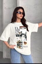 Kadın Ekru Beyaz Fashion Oversize Fit Bol Geniş Kalıp Salaş Kesim T-shirt