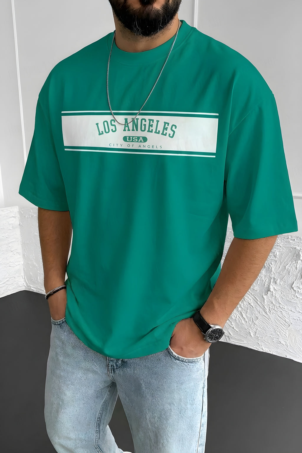 Erkek Bntn Yeşil City Of Angels Oversize Fit Bol Geniş Kalıp Salaş Kesim T-shirt