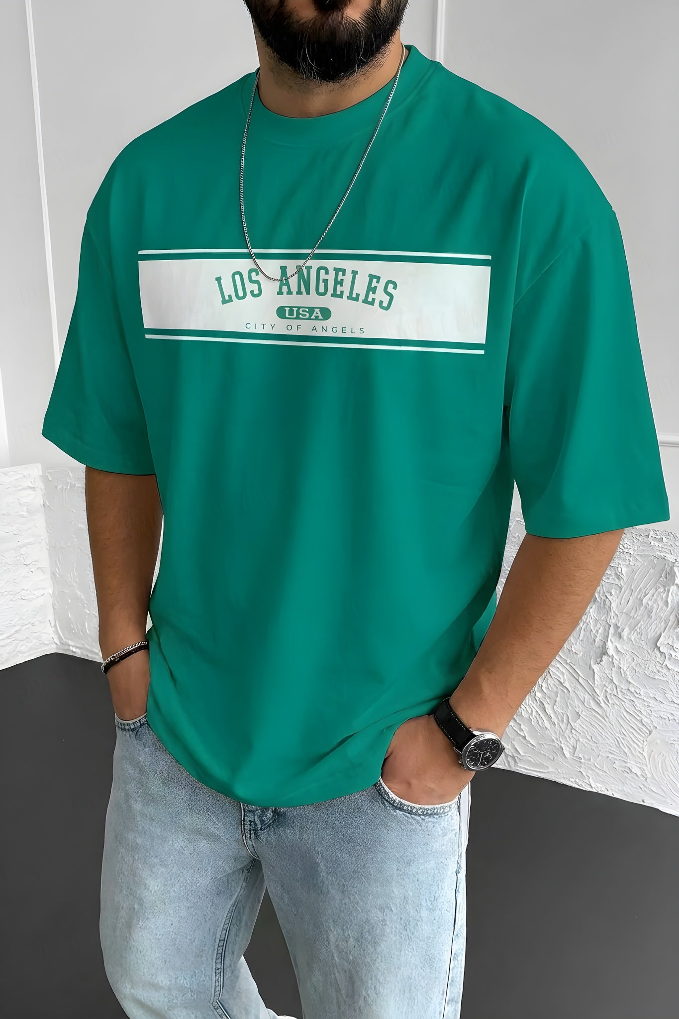 Erkek Bntn Yeşil City Of Angels Oversize Fit Bol Geniş Kalıp Salaş Kesim T-shirt