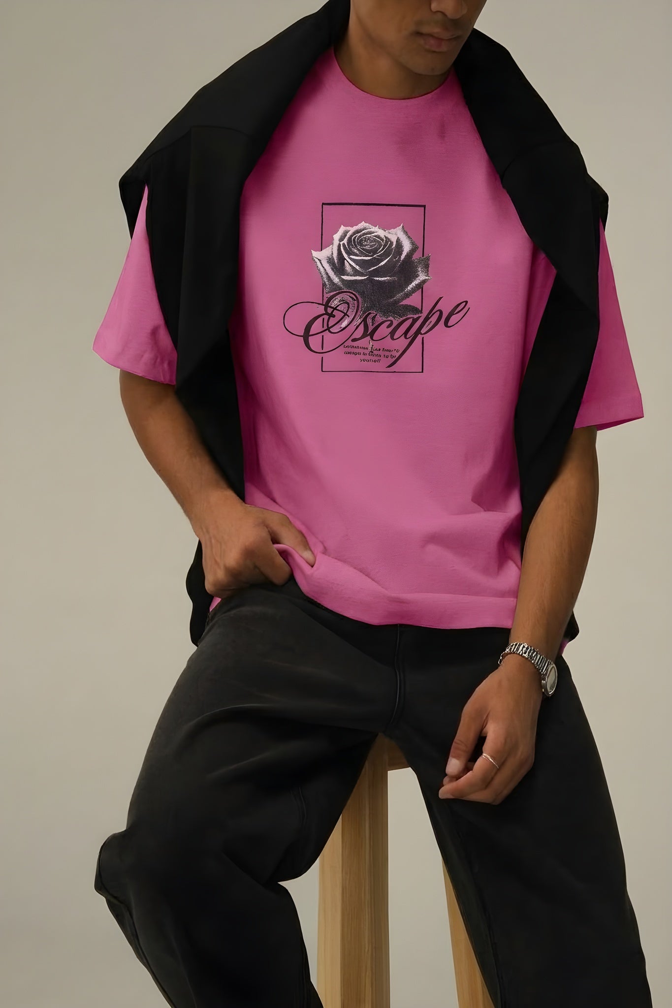 Erkek Fuşya Pembe Black Rose Oversize Fit Bol Geniş Kalıp Salaş Kesim T-shirt