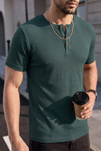 Erkek Haki Henley Yaka Tişört Üç Düğmeli Patlı Fitilli Regular T-shirt