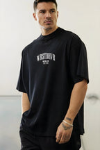 Erkek Siyah Dont Announce Kabaran Baskı Bisiklet Yaka Oversize Salas T-Shirt