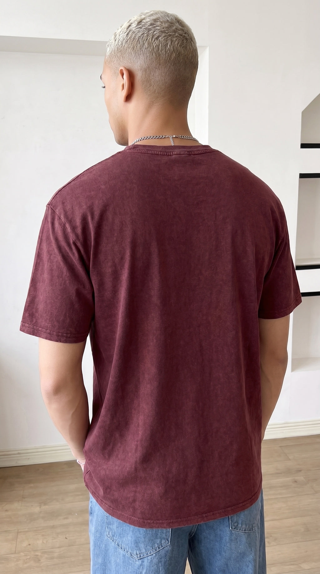 Erkek Bordo Regular Asit Yıkamalı Eskitme Efektli Boyalı T-Shirt