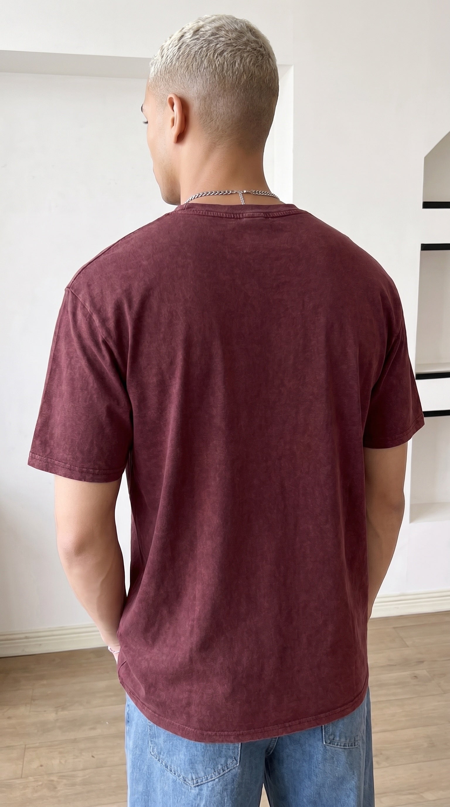 Erkek Bordo Regular Asit Yıkamalı Eskitme Efektli Boyalı T-Shirt