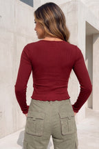 Kadın Bordo Düğme Detaylı Patlı Düğmeli Bisiklet Yaka Uzun Kollu Fitilli Kaşkorse Bluz Body