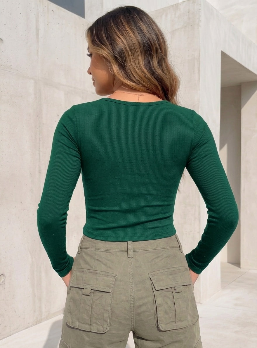 Kadın Nefti Düğme Detaylı Patlı Düğmeli Bisiklet Yaka Uzun Kollu Fitilli Kaşkorse Bluz Body