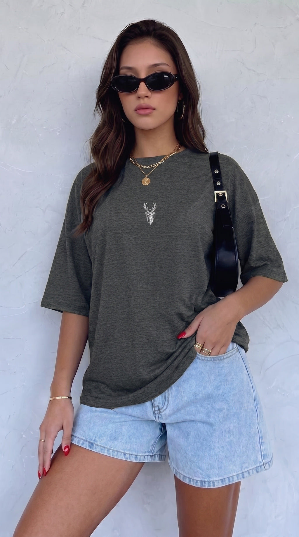 Kadın Antrasit Melanj Geyik Oversize Salas Boyfriend T-shirt