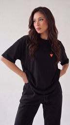 Kadın Siyah Kupa As Kuru Kafa Oversize Fit Bol Geniş Kalıp Salaş Kesim T-shirt