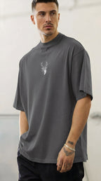 Erkek Antrasit Gri Melanj Geyik Baskılı Oversize Fit Bol Geniş Kalıp Salaş Kesim T-shirt