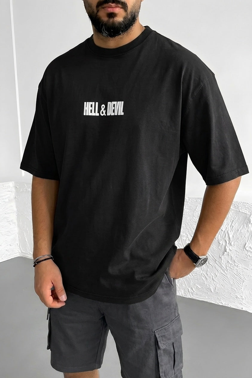 Erkek Hell & Devil Kabaran Baskı Siyah Bisiklet Yaka Oversize Salas T-Shirt
