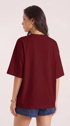 Kadın Bordo Free Life Bisiklet Yaka Oversize Salas T-Shirt
