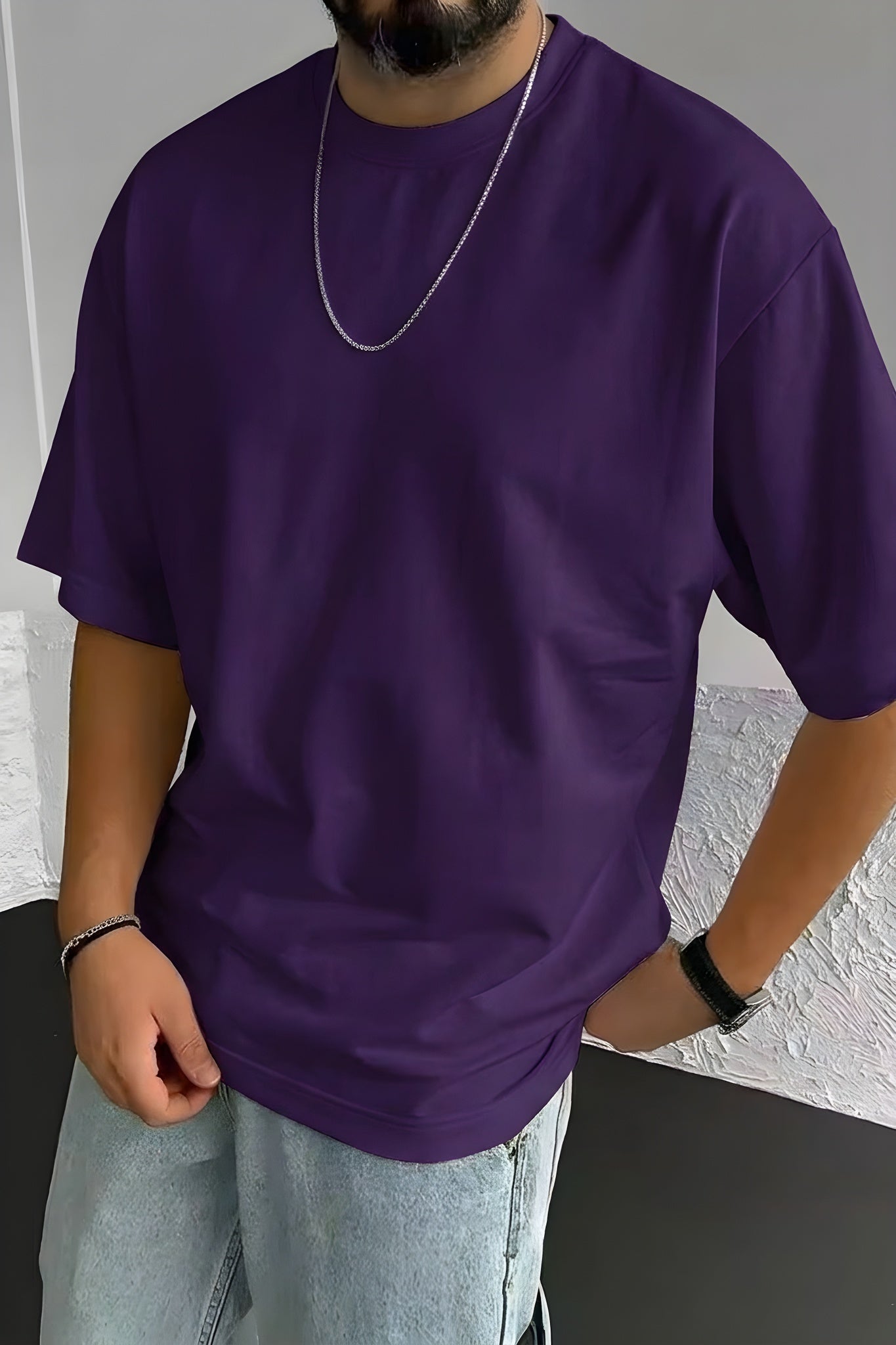 Erkek The Moon Mor Bisiklet Yaka Oversize Salas T-Shirt