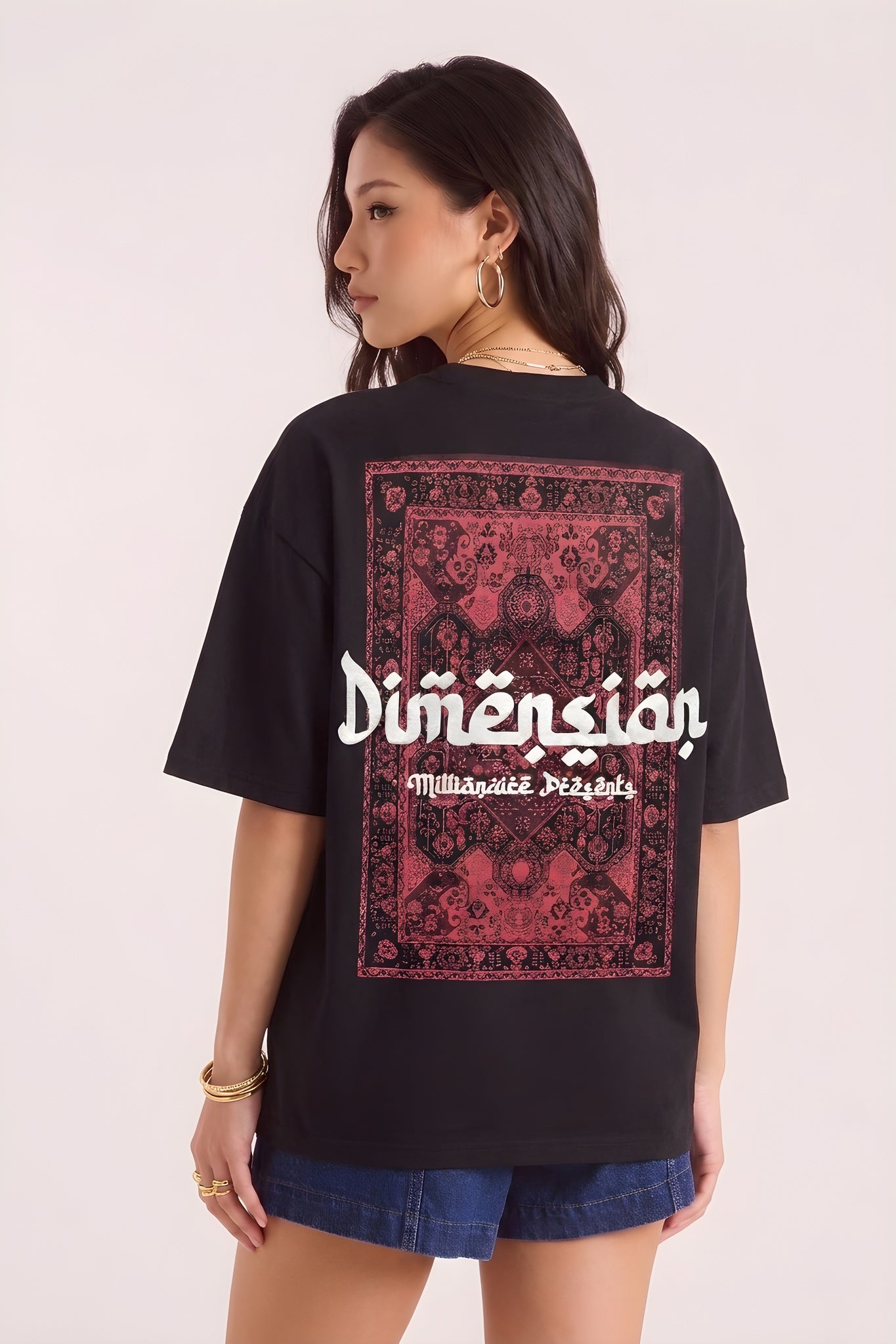 Kadın Dimension Baskılı Siyah Bisiklet Yaka Oversize Salaş T-Shirt